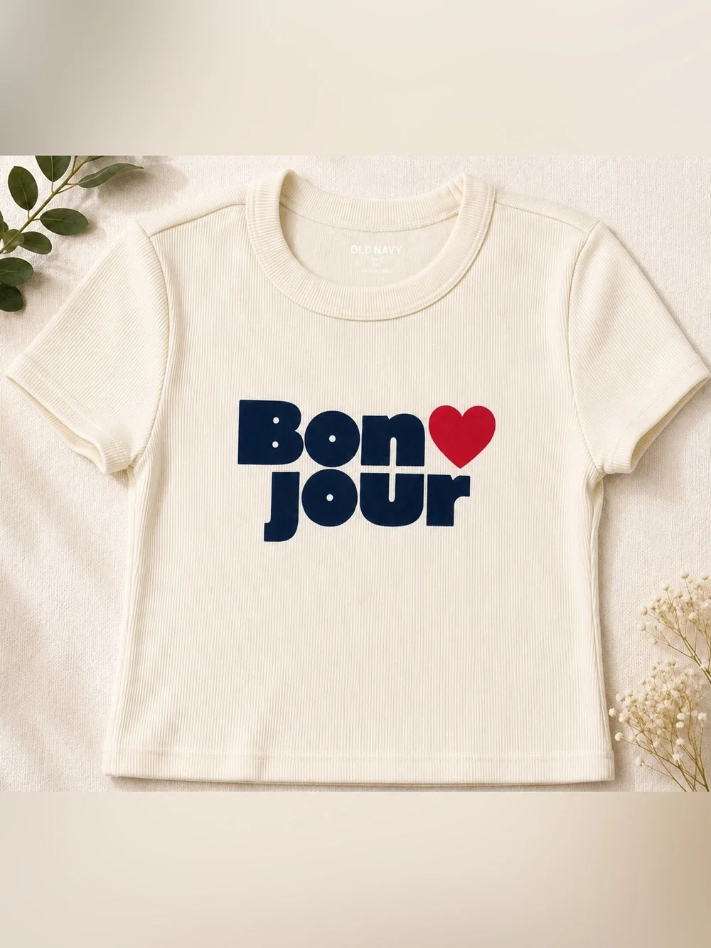 Old Navy Cream Short Sleeve Tee with Navy 'Bonjour' Text and Red Heart Girls XXS